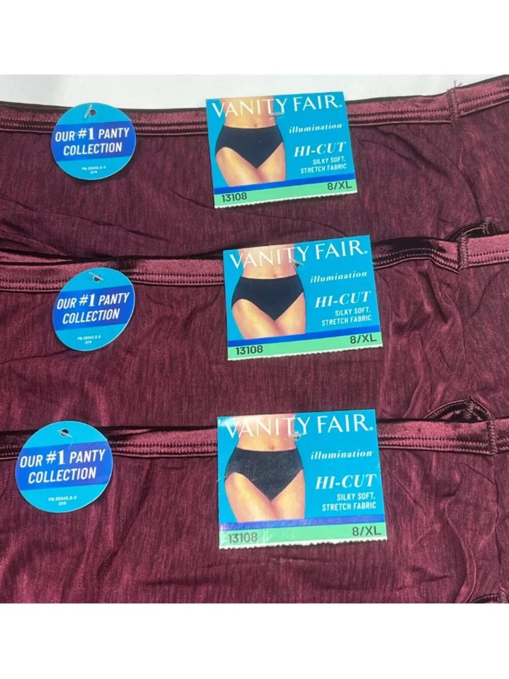3 NWT Vanity Fair 13108 Illumination Hi Cut Brief Panty Panties Maroon Red 8/XL